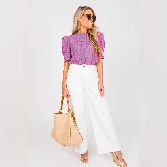 ENGLISH FACTORY stripe puff sleeve top in pink/green - Picture 2 of 8